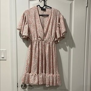 Floral Pink and White Mini Summer Dress with Tie at Waist